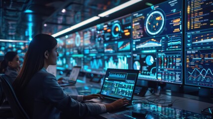 Woman is working and using advanced software to benchmark business on a computer. Monitor displays a variety of graphs and numbers, indicating that she is working with data or analyzing information