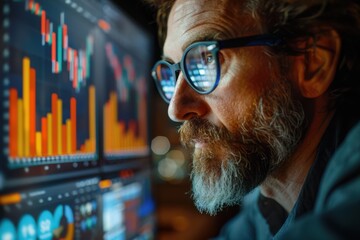 Close-up business analyst comparing benchmarking data on a computer screen, intense focus on charts and graphs. He is focused and attentive, possibly analyzing financial data or stock market trends
