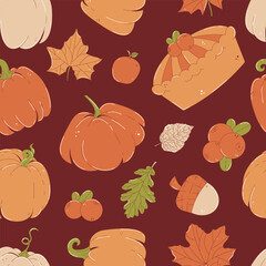 Happy Thanksgiving Day background. Colorful seamless pattern with autumn leaves, pumpkins, cranberry and acorn. Modern vector repeating illustration on dark backdrop
