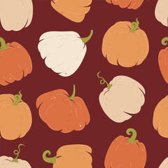 Happy Thanksgiving Day background. Colorful seamless pattern with pumpkins. Modern vector repeating illustration on dark backdrop