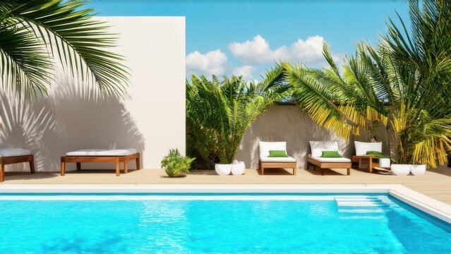 Tropical summer background with plaster wall, pool water and palm shadow. Luxury hotel resort poolside scene mockup template. Beach vacation holiday house with neutral architecture aesthetic