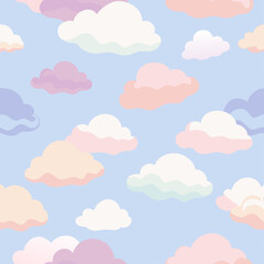 A seamless pattern of colorful clouds against a blue background