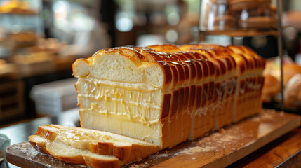 A high-resolution photograph of a sliced bread loaf with a thick layer of butter and a filling of red bean paste, shot in a cozy bakery setting, the bread is crispy and golden-brown