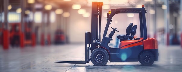 Modern forklift in an empty warehouse with bright lighting, demonstrating industrial machinery and logistics equipment.