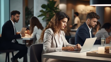 A high-resolution photo of a business team working on laptops in a clean, modern workspace, collaborative and professional.