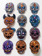 Vibrant Collection of Rhinestone Halloween Stickers Featuring Glittery Pumpkins, Bats, and Spiders on a Stark White Background