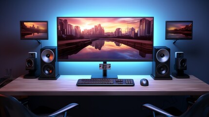 A high-resolution photo of a clean, minimalistic office setup with dual monitors, soft lighting.