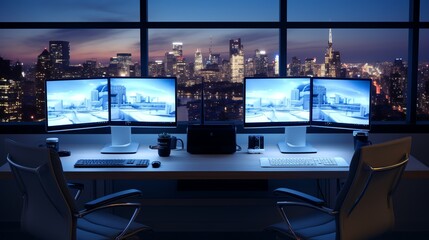 Naklejka premium A high-resolution photo of a clean, minimalistic office setup with dual monitors, soft lighting.