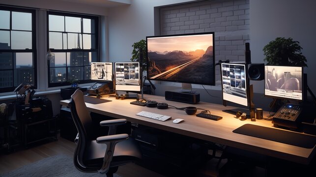 A high-resolution photo of a clean, minimalistic office setup with dual monitors, soft lighting.