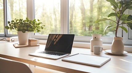 Fototapeta premium A high-resolution photo of a clean and modern office workspace with a laptop and notepad, soft natural light.
