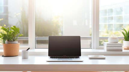 A high-resolution photo of a clean and modern office workspace with a laptop and notepad, soft natural light.