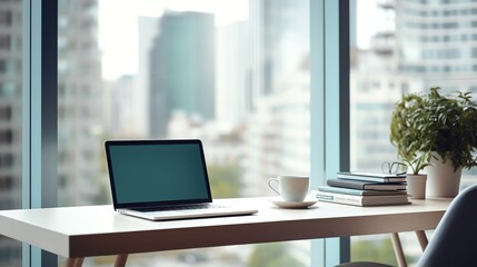 Fototapeta premium A high-resolution photo of a clean and modern office workspace with a laptop and notepad, soft natural light.
