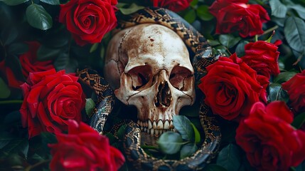 Human Skull with Snake and Roses