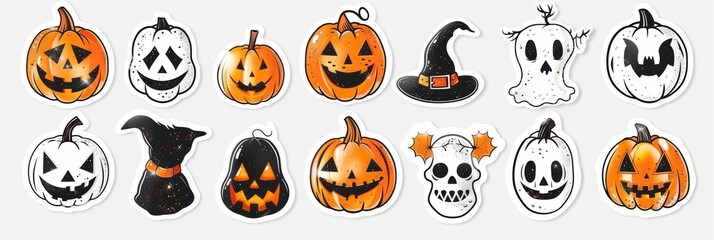 Obraz premium Vibrant Collection of Rhinestone Halloween Stickers Featuring Glittery Pumpkins, Bats, and Spiders on a Stark White Background