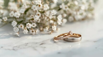 Wedding Rings on a Marble Surface with Flowers suitable for business background, posters, wallpapers, banners, greeting cards, and advertising for business entities or brands.