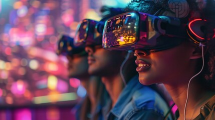 A group of enthusiastic friends immersed in a virtual reality game, showcasing the excitement and innovation of modern gaming culture.