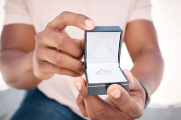 Engagement ring, ask or hands of man in proposal for romance, love or commitment offer. Box, giving jewellery or guy on knee for question or diamond wedding band on valentines day or anniversary date