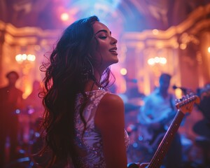 Dynamic Live Performance by Wedding Band in Festive Reception Hall | Musicians Playing Instruments and Singer Engaging Audience on Stage