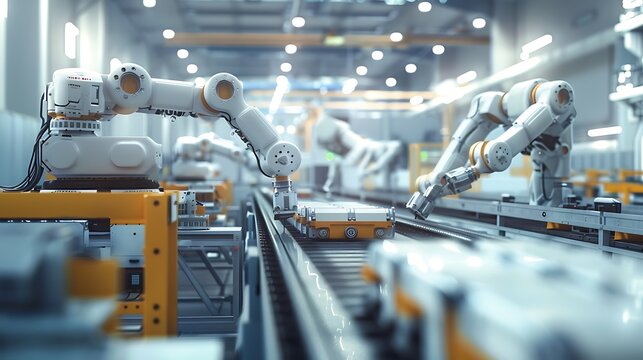 Robotic arms and autonomous mobile robots showcasing the future of factory automation and industrial efficiency