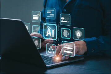 Cyber security and Tech warning or scam concept. Hackers utilize AI (Artificial Intelligence)...