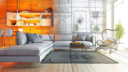 Elegant Living Room: Photo to Sketch. Generative AI