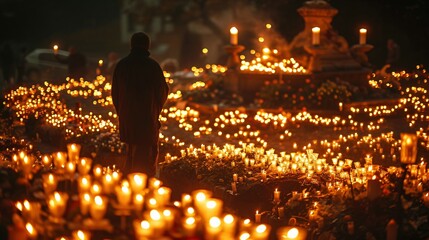 Emotional gathering at a memorial vigil, with community members holding candles and flowers, honoring a beloved local hero lost too soon.
