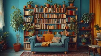 Inviting living room featuring a teal sofa, colorful cushions, and a wall of books, surrounded by lush greenery and warm golden curtains.