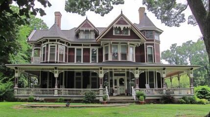Victorian-style house with intricate architectural details and a wrap-around porch