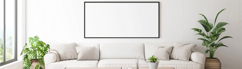 Mockup of a blank wall frame in a living room for art/photo display