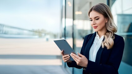 Modern girl with a tablet in her hands. Business woman looking at information on a tablet. Lady businesswoman uses computer technology.