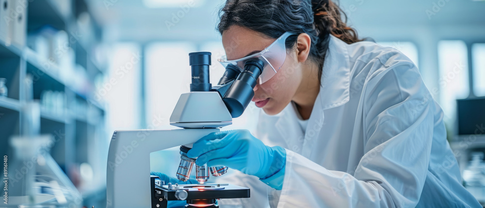 Poster lab technicians conducting scientific research by analyzing samples under a microscope.