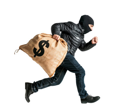 The Heist: A masked thief makes a daring escape, clutching a heavy sack of cash, his face obscured by shadows in a suspenseful moment of criminal activity.