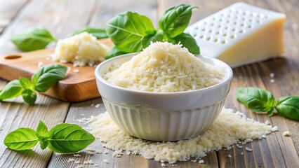 A detailed shot of grated Parmesan cheese in a small white bowl, surrounded by basil leaves and a grater.