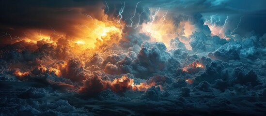Fototapeta premium Fiery and Blue Lightning Storm Clouds