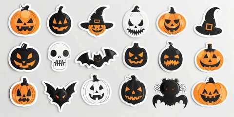 Vibrant Collection of Rhinestone Halloween Stickers Featuring Glittery Pumpkins, Bats, and Spiders on a Stark White Background