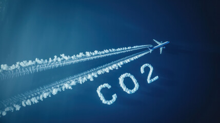A plane flying in the sky, leaving behind white lines that form the word "CO2" on a blue background. 