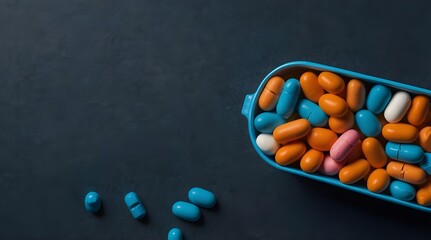 An image of an orange pill container from above showing a spectrum of colorful pharmaceutical pills in various hues and forms, together with medicinal tablets on a blue backdrop and generative artific