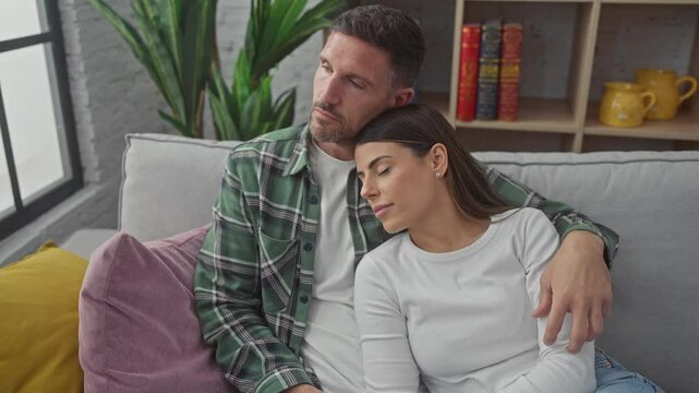 A loving couple cuddles on a sofa in a cozy living room, portraying a sense of intimacy and comfort.
