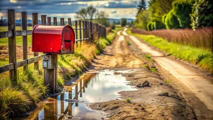 Side view of old red mailbox, peeling puddle next to old and rusty wooden fence on rough dirt road, potholed road, long neglected deteriorated road with weeds growing in the cracks, vintage background