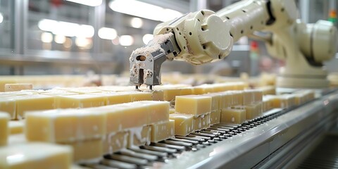 Obraz premium Automated production line of cheese factory. Production of cheese products.