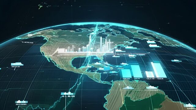 An intricate holographic map illustrates virtual financial planning on a global scale leaving viewers in awe of the possibilities.
