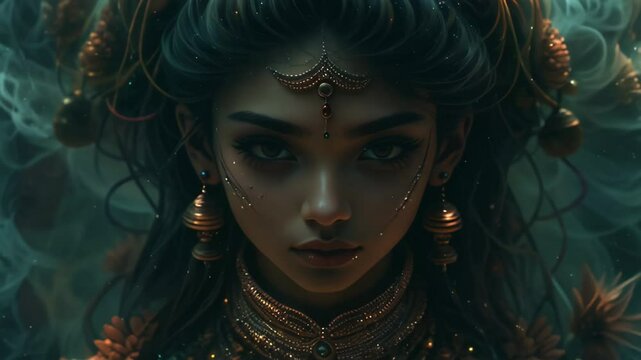 Fantasy female portrait oriental princess in jewelry looking at the camera