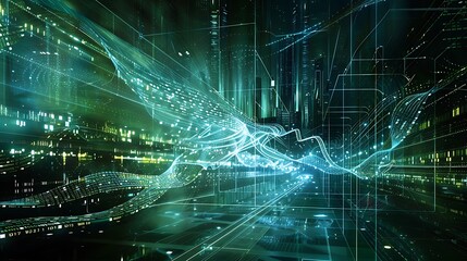 Obraz premium High tech quantum computing lab with a glowing quantum computer surrounded by digital streams and quantum wave functions