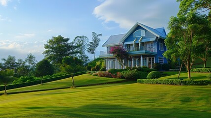 Luxury home design and beautiful garden. Blue house in beautiful landscape with trees and grass 