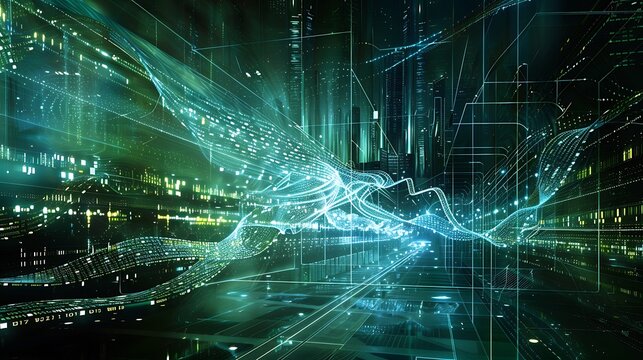 High tech quantum computing lab with a glowing quantum computer surrounded by digital streams and quantum wave functions