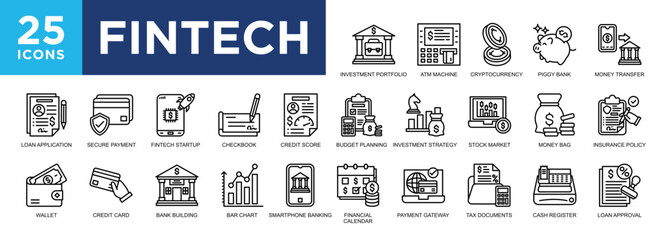 Fintech, technology, banking, financial, business, finance icon set. icons collection. Simple vector illustration