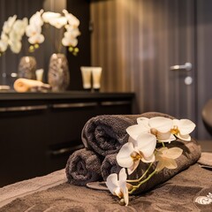 SPA setting with flowers, orchid, candle or towel on wooden table in massage room. Modern SPA salon