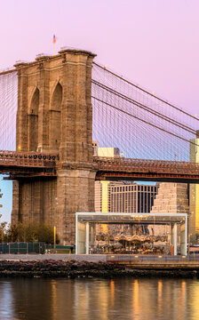 Brooklyn Bridge Park at sunrise with pink sky
