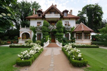 Fototapeta premium A dwelling with a unique theme and detailed facade design features a residence that stands out due to its distinctive architectural style and elaborate exterior detailing.