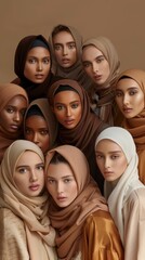 Obraz premium A group of women wearing brown and tan hijabs are lined up in a row